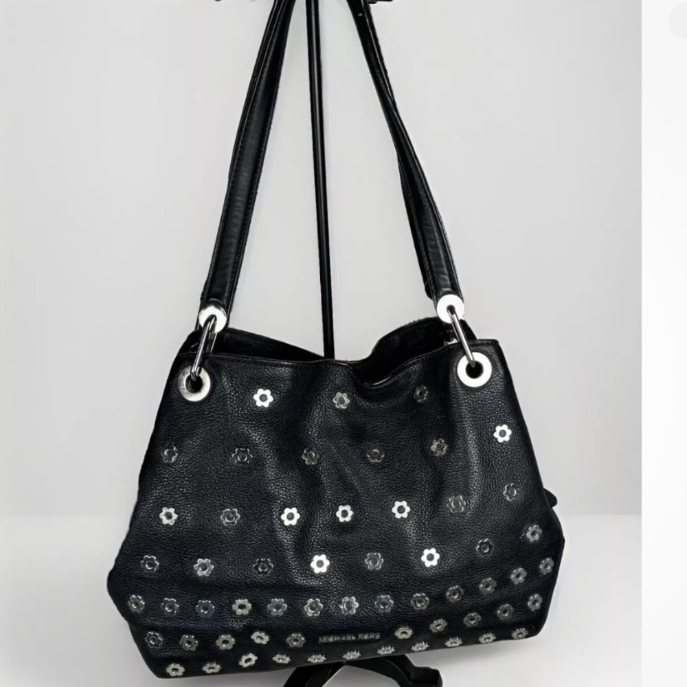 Michael Kors Raven Black Leather Shoulder Bag withh Metal flowers on front